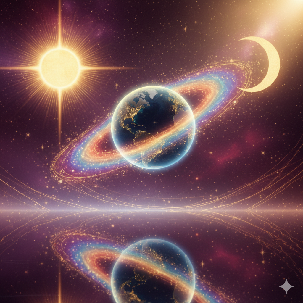 A Föld bolygó ragyogó energiagyűrűben, nap és holdsarló között, kozmikus térben tükröződéssel.