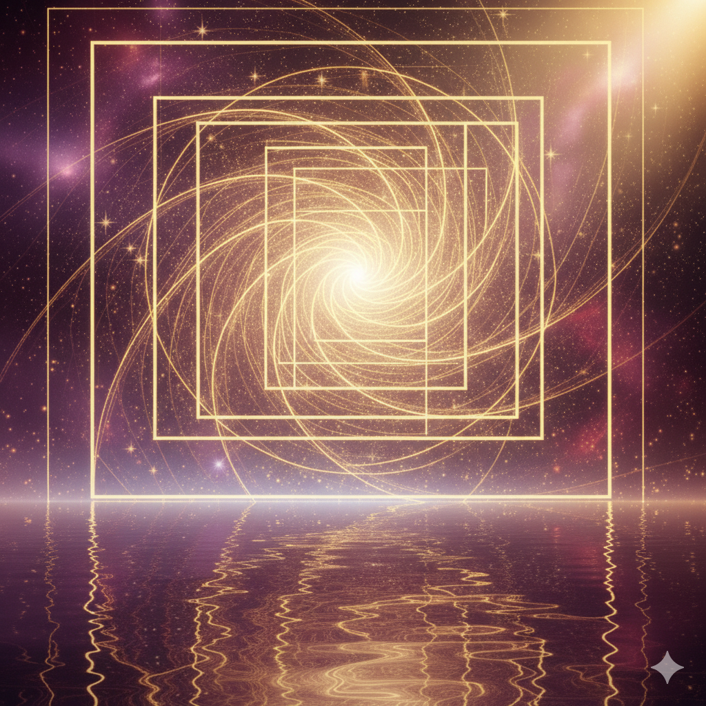 Aranyló geometrikus formák és spirál egy kozmikus háttérben, tükröződéssel a víz felszínén.